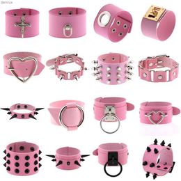Other Bracelets Pink Color Female Wide Leather Bracelets Punk Braided Bracelet for Men Women Wristband Charm Bracelets Male Gothic JewelryL240415
