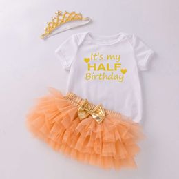 Baby One Summer Year Old Suit Infant Set Short Sleeve Letter Print Romper Princess Dress Hair Accessories 3 Piece Set