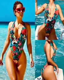 Multicolor Print Patchwork Sexy Bikinis V Collar Sleeveless Hanging Neck Hollow Out LaceUp Beach Wear Backless Bodysuits Lady Swi48199318