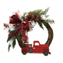 Decorative Flowers Red Truck Christmas Wreath Colorful Ribbon Artificial Cherry Garland Farmhouse Wreaths For Front Door Home Wall Decor