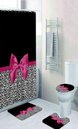 Girly Pink Ribbon Leopard Print Shower Curtain Set Modern Cheetah Leopard Bath Curtains for Bathroom Home Decor Curtains 2111025075689