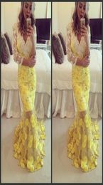 2022 Golden Beadings Evening With Long Sleeves Appliques Yellow Formal Dress Deep V Neck Mermaid Style Prom Dresses Red Carpet Dre2006718