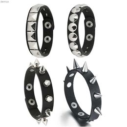 Other Bracelets Spiked Studded Bracelet Black Leather Rivet Punk Bracelet Cuff Wrap Bangle Metal Wristband for Men Women Gothic AccessoriesL240415