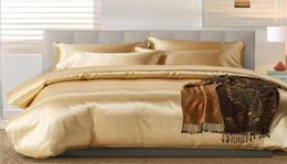100 Good Quality Satin Silk Bedding Sets Flat Solid Colour UK Size 3 pcs Gold Duvet Cover Flat Sheet Pillowcases4884455