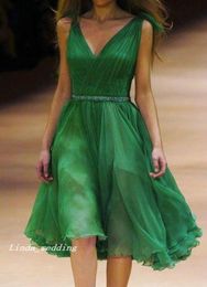 Deep V Neck Emerald Green Cocktail Dress Alexander M Knee Length Chiffon Beaded Formal Party Dress8124786