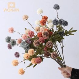 Decorative Flowers 5 Heads Silk Dandelion Flower Ball Pom Poms Artificial Branch With Green Leaves Home Wedding Decorations Fake