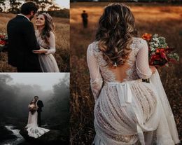 2022 Bohemian Wedding Gowns With Long Sleeve Sexy V Neck Lace Sweep Train Beach Boho Country Bridal Gowns Plus Size robe de mariee9645667