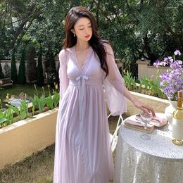 Women's Sleepwear Summer Fairy Night Dress Sweet Solid Color Mesh Sleeve Nightgown Sexy Long Nightdress Casual Robe Princess Nightwear