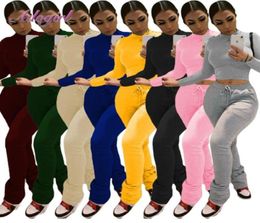 Women Workout Two Piece Set Casual Solid Long Sleeve Crop Tops TShirt Leggings Stacked SweatPants Suit Outfit Joggers Tracksuit9756098