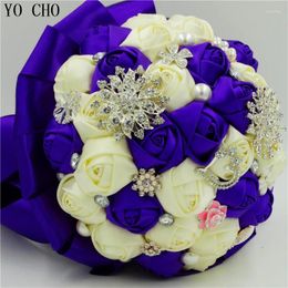 Decorative Flowers Silk Crystal Bridal Bouquet Jewellery Rhinestone Beaded Pearl Supplies Wedding Accessories Artificial Purple Bride