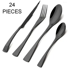 Dinnerware Sets 24pcs Black Set Sharp Steak Knife Fork Coffee Spoon Cutlery Stainless Steel Flatware Silverware Kitchen Tableware