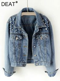 DEAT Fast Delivery Autumn Fashion Womens Denim Jacket Full Sleeve Loose Button Pearls Short Lapel Wild Casual AP446 240415