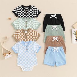 Clothing Sets 0-18M Baby Boys Summer Outfits Ribbed Checkerboard Buttons Short Sleeve Bodysuits Elastic Wasit Shorts 2pcs Clothes Set