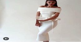 Cocktail Dresses White Satin Mermaid Prom Dress Arabic Dubai 2019 Women Off Shoulder Tea Length Back Slit Evening Occasion Gowns1459749