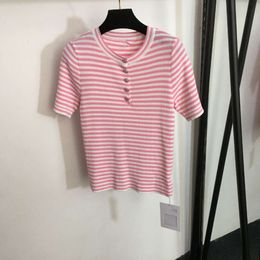 Womens Fashion Versatile Pink Small Fragrant Button Contrast Stripe Short Sleeve Knitted Shirt Top
