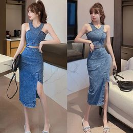 Summer Women Slim Fit Two Piece Set Denim Sexy Halter Vest Top High Waist Split Bodycon Skirts Style Office Lady Suits 240415