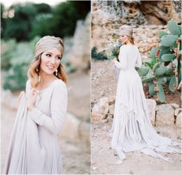 2024 Beach Boho Wedding Dresses V Neck Long Sleeves Tiered Chiffon Sweep Train Custom Made Wedding Bridal Gown Plus Size