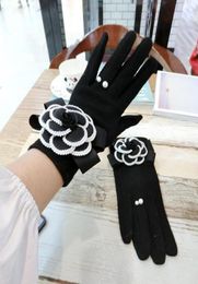 Five Fingers Gloves Black Camellia Cashmere And Korean Fashion Houndstooth Mink Hair Cute Flowers Warm Touch Screen Women1342679