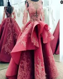 Sheer Neck Lace Appliques Prom Dresses With Illusion Long Sleeves Satin Peplum Zipper Back Evening Gowns High Low Arabic Formal Pa8767152