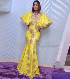 African Yellow Mermaid Evening Dresses Aso Ebi V Neck Appliques Lace Plus Size Prom Dress Dubai Women Dress robe de soiree4587639