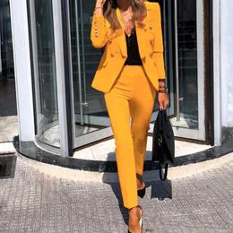Women's Two Piece Pants Business Suit Set Buttons Soft Comfortable Solid Colour Lapel Blazer For