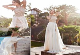 2019 Summer Beach Bohemian Wedding Dresses for Women A line Chiffon Side Slit Lace Halter Backless Court Train Bridal Gowns6906973