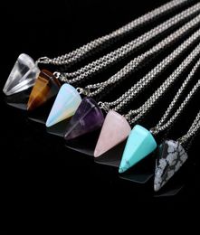 Natural Gemstone Pendant Necklace Crystal Healing Chakra Reiki Silver Stone Hexagonal Prisme Cone Pendulum Charm Necklaces4879220