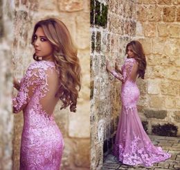 Said Mhamad Mermaid Tulle Appliques Lace Plum Evening Dresses Sweep Train Long Sleeve Formal Party Sheer illusion Back Arabic 7700657