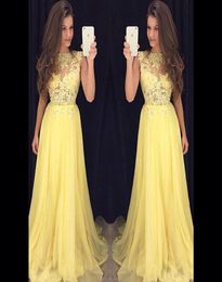 Designer See Through Corset Prom Dress with Lace Appliques Yellow Chiffon A Line High Neck Sleeveless Illusion Formal Evening Part9119450