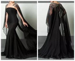 Sheer Black Arabic Slim Formal Abite da sera Elie Saab Chiffon in rilievo con Cape Prom Party Gown Pageant Celebrity Dress Runway C7471924