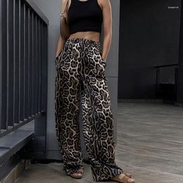 Women's Pants Women Leopard Printing Wide Legs Casual High Elastic Waist Street Style Female Pockets Long 2024