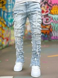 Ripped Jeans Male Retro Trend Street Style Fashion Spliced Slim Jeans Versatile Men Casual Straight Denim Pants 240415