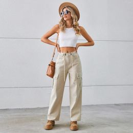 Women's Jeans Women Solid Colour Denim Drawstring Pants Straight Leg Adjustable Washed Cargo Casual