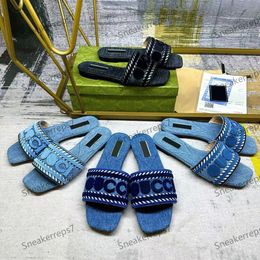 designer slippers new women denim sandals luxury embroidered striped light blue denim slides outdoor fashion lady slippers size 35-42 with box