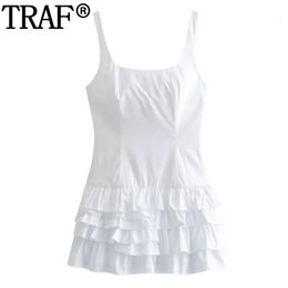 TRAF Pleated Ruffle White Dress Woman Sleeveless Slip Mini Backless Playsuit Short Dresses For Women Summer Party 240415