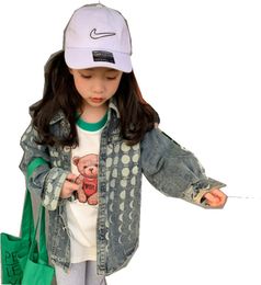 Fashion girls denim jacket kids letter moon printed cowboy outwear 2022 spring children lapel long sleeve casual tops Q44578987261