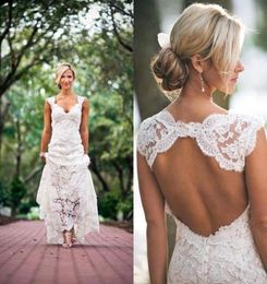 Elegant 2020 Full Lace Pastoral style Sheath Wedding Dresses Ivory V neck Capped Bridal Gowns Keyhole Back Beach Maternity Wedding8273804