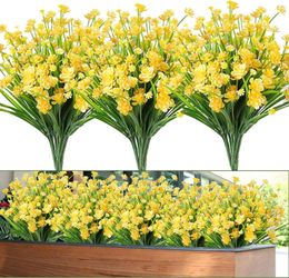 Decorative Flowers 12pcs Artificial Fall For Outdoors Plastic UV Resistant Shrubs Plants Garden Wedding Farmhouse Decor(Yellow)