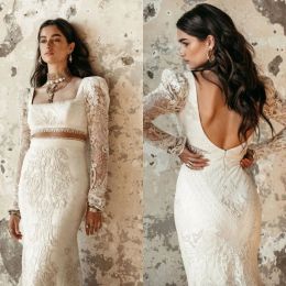 Fashion Mermaid Wedding Dresses Square Neck Long Sleeves Appliques Lace Bridal Gowns Custom Made Backless Sweep Train Wedding Dress