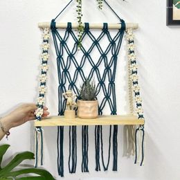 Tapestries Macrame Daisy Flower Shelf Hanging Po Wall Display Boho Art Plant Rustic Wood Storage