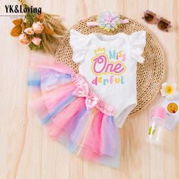 Girls' Set Baby Summer Apparel Baby Flying Sleeveless Romper Rainbow Dress Hair Accessories 3 Piece Set New