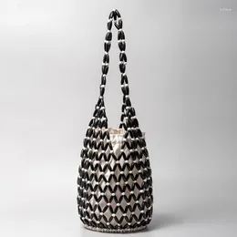 Drawstring Large Capacity Tote Bag Fashion Wooden Bead Handmade Woven Women Hollowed Out Design Bucket Shoulder