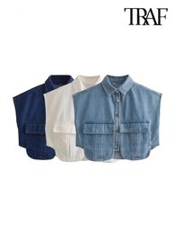 TRAF Women Fashion With Pockets Cropped Denim Shirts Sexy Sleeveless Button-up Female Blouses Blusas Chic Tops 240412