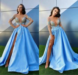 2024 Elegant Evening Dresses Long Sleeves Lace Appliques High Split Prom Gowns Custom Made Sweep Train A Line Special Occasion Dress