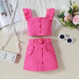 Clothing Sets Summer Kids Baby Girls Clothes Suit Ruffle Sleeveless Tank Tops Mini Belted Button Decor Skirt Infant Set Outfits