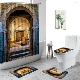 Shower Curtains Moroccan Architecture Curtain Retro Arched Door Bathroom Decor Set Non-Slip Carpet Toilet Cover Bath With Hooks