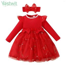 Girl Dresses 0-24M Baby Girls Birthday Valentine's Day Party Dress Long Sleeve Cute Bowknot Soft Cotton Mesh Tutu Ball Gown With Headband