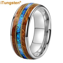 iTungsten 8mm Tungsten Blue Opal Ring for Men Women Whisky Wood Guitar String Inlay Fashion Engagement Wedding Band 240415