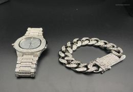 Hip Hop Mens Watches Bracelets Set Fashion Diamond Iced Out Cuban Chain Gold Silver Watch Set With Box 201916335632