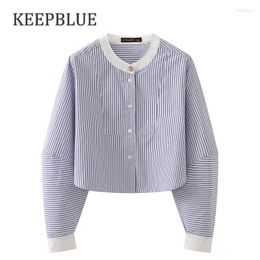 Women's Blouses Round Neck Cropped Women Shirt Striped Single Breasted Long Sleeve Korean Fashion O Loose Button Up Tops